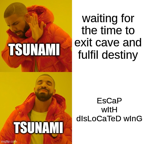 daily wof meme 76 | waiting for the time to exit cave and fulfil destiny; TSUNAMI; EsCaP wItH dIsLoCaTeD wInG; TSUNAMI | image tagged in memes,drake hotline bling | made w/ Imgflip meme maker