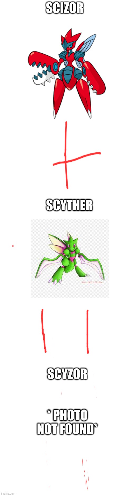 Rip image of Scyzor | SCIZOR; SCYTHER; SCYZOR; * PHOTO NOT FOUND* | image tagged in pokemon fusion | made w/ Imgflip meme maker