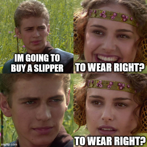 Asian Parents Be Like: | IM GOING TO BUY A SLIPPER; TO WEAR RIGHT? TO WEAR RIGHT? | image tagged in anakin padme 4 panel | made w/ Imgflip meme maker