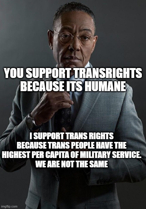 Giancarlo Esposito | YOU SUPPORT TRANSRIGHTS BECAUSE ITS HUMANE; I SUPPORT TRANS RIGHTS BECAUSE TRANS PEOPLE HAVE THE HIGHEST PER CAPITA OF MILITARY SERVICE.
WE ARE NOT THE SAME | image tagged in giancarlo esposito,NonCredibleDefense | made w/ Imgflip meme maker