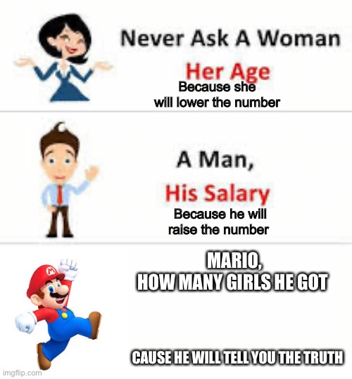 Mario got ‘em all | Because she will lower the number; Because he will raise the number; MARIO,
HOW MANY GIRLS HE GOT; CAUSE HE WILL TELL YOU THE TRUTH | image tagged in never ask a woman her age,mario,funny,sus,hold up | made w/ Imgflip meme maker