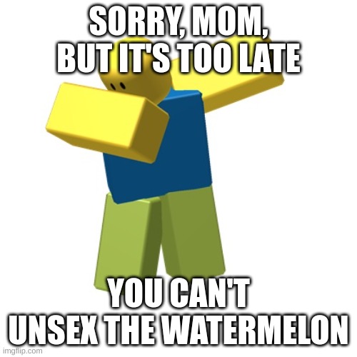 cant unsex | SORRY, MOM, BUT IT'S TOO LATE; YOU CAN'T UNSEX THE WATERMELON | image tagged in roblox dab | made w/ Imgflip meme maker