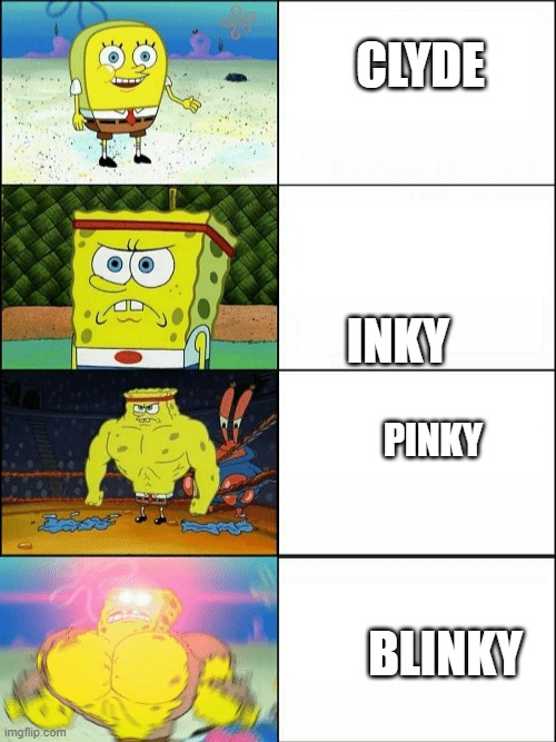 Have a Pac-Man meme | CLYDE; INKY; PINKY; BLINKY | image tagged in increasingly buff spongebob,pac-man | made w/ Imgflip meme maker