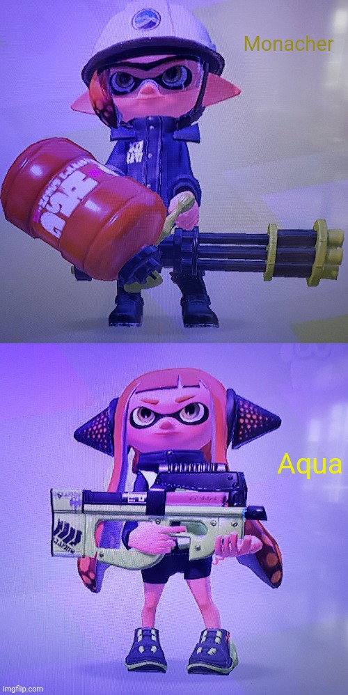 Meet monacher and Aqua, they'll also be playing turf war today, weapon choices in comments | Monacher; Aqua | made w/ Imgflip meme maker