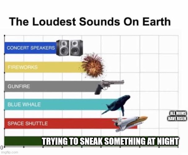 fr | ALL MOMS HAVE RISEN; TRYING TO SNEAK SOMETHING AT NIGHT | image tagged in the loudest sounds on earth | made w/ Imgflip meme maker