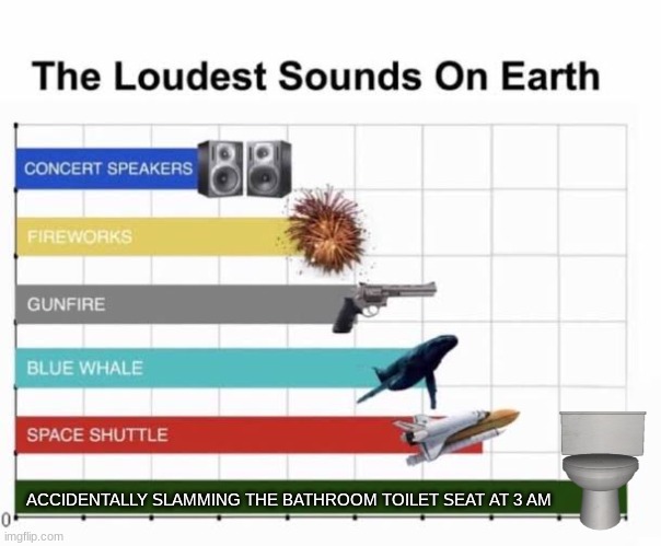This is relatable to anyone and everyone | ACCIDENTALLY SLAMMING THE BATHROOM TOILET SEAT AT 3 AM | image tagged in the loudest sounds on earth | made w/ Imgflip meme maker