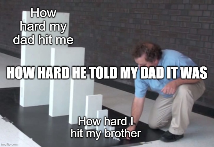 Domino Effect | How hard my dad hit me; HOW HARD HE TOLD MY DAD IT WAS; How hard I hit my brother | image tagged in domino effect | made w/ Imgflip meme maker