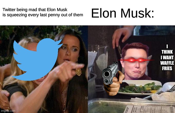 Woman Yelling At Cat | Twitter being mad that Elon Musk is squeezing every last penny out of them; Elon Musk:; I THINK I WANT WAFFLE FRIES | image tagged in memes,woman yelling at cat | made w/ Imgflip meme maker