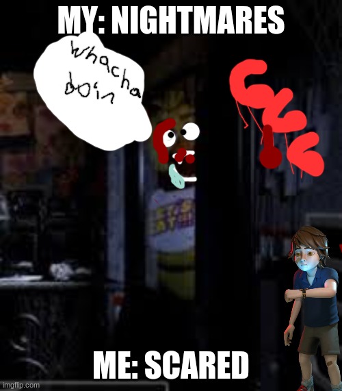 Chica Looking In Window FNAF | MY: NIGHTMARES; ME: SCARED | image tagged in chica looking in window fnaf | made w/ Imgflip meme maker