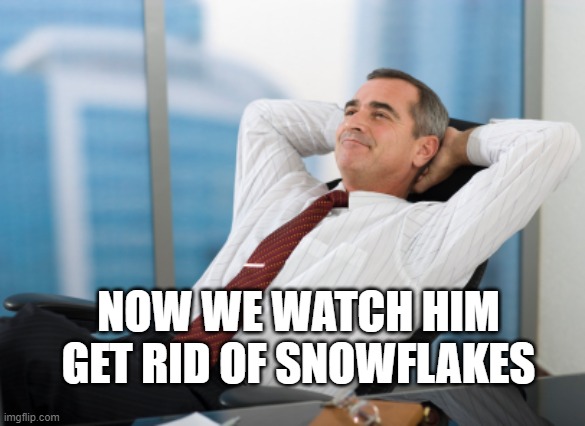 Satisfaction satisfy | NOW WE WATCH HIM GET RID OF SNOWFLAKES | image tagged in satisfaction satisfy | made w/ Imgflip meme maker