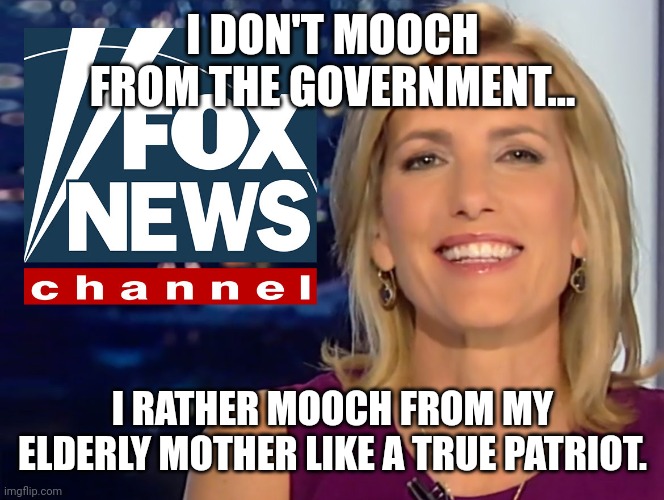 Laura Ingram the moocher | I DON'T MOOCH FROM THE GOVERNMENT... I RATHER MOOCH FROM MY ELDERLY MOTHER LIKE A TRUE PATRIOT. | image tagged in conservative,republican,fox news,democrat,liberals | made w/ Imgflip meme maker