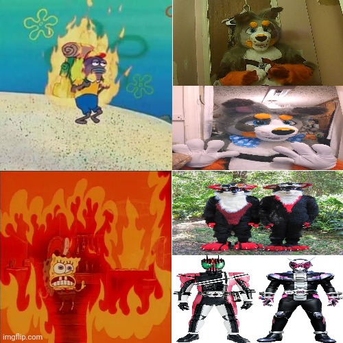 How hot is it on one of my favorite hits that's just too hot to handle? | image tagged in memes,spongebob fire,fox,greifer,fursuit | made w/ Imgflip meme maker
