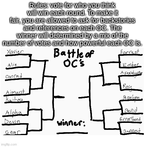 OC Battle! | Rules: vote for who you think will win each round. To make it fair, you are allowed to ask for backstories and references on each OC. The winner will determined by a mix of the number of votes and how powerful each OC is. | image tagged in blank white template | made w/ Imgflip meme maker