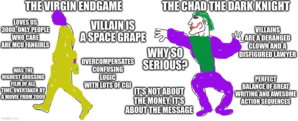 why so serious? | THE VIRGIN ENDGAME; THE CHAD THE DARK KNIGHT; LOVES US 3000, ONLY PEOPLE WHO CARE ARE MCU FANGIRLS; VILLAIN IS A SPACE GRAPE; VILLAINS ARE A DERANGED CLOWN AND A DISFIGURED LAWYER; WHY SO SERIOUS? OVERCOMPENSATES CONFUSING LOGIC WITH LOTS OF CGI; WAS THE HIGHEST GROSSING FILM OF ALL TIME, OVERTAKEN BY A MOVIE FROM 2009; PERFECT BALANCE OF GREAT WRITING AND AWESOME ACTION SEQUENCES; IT'S NOT ABOUT THE MONEY, IT'S ABOUT THE MESSAGE | image tagged in virgin vs chad,the dark knight,avengers endgame | made w/ Imgflip meme maker