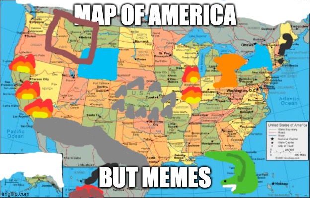 map of United States | MAP OF AMERICA; BUT MEMES | image tagged in map of united states | made w/ Imgflip meme maker