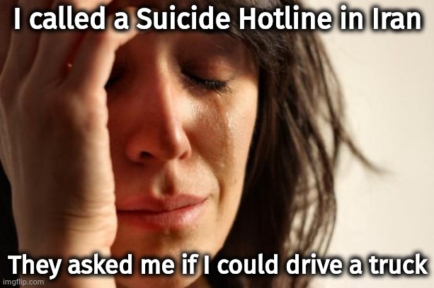 Make some side money | I called a Suicide Hotline in Iran; They asked me if I could drive a truck | image tagged in memes,first world problems,suicide squad,useful | made w/ Imgflip meme maker