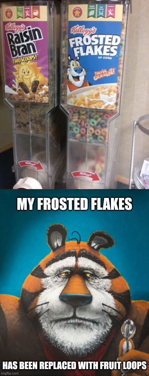 Frosted Flakes replaced with Fruit Loops (Mandela effect) | MY FROSTED FLAKES; HAS BEEN REPLACED WITH FRUIT LOOPS | image tagged in tony the tiger,frosted flakes,fruit loops,you had one job,memes,cereal | made w/ Imgflip meme maker