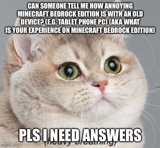 Heavy Breathing Cat | CAN SOMEONE TELL ME HOW ANNOYING MINECRAFT BEDROCK EDITION IS WITH AN OLD DEVICE? (E.G. TABLET PHONE PC) (AKA WHAT IS YOUR EXPERIENCE ON MINECRAFT BEDROCK EDITION); PLS I NEED ANSWERS | image tagged in memes,heavy breathing cat | made w/ Imgflip meme maker