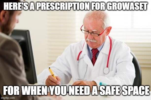 dr. writing prescription | HERE'S A PRESCRIPTION FOR GROWASET; FOR WHEN YOU NEED A SAFE SPACE | image tagged in dr writing prescription | made w/ Imgflip meme maker