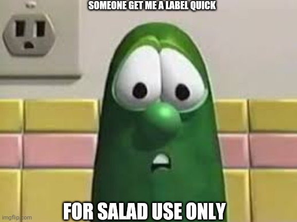 larry the cucumber | SOMEONE GET ME A LABEL QUICK; FOR SALAD USE ONLY | image tagged in larry the cucumber | made w/ Imgflip meme maker