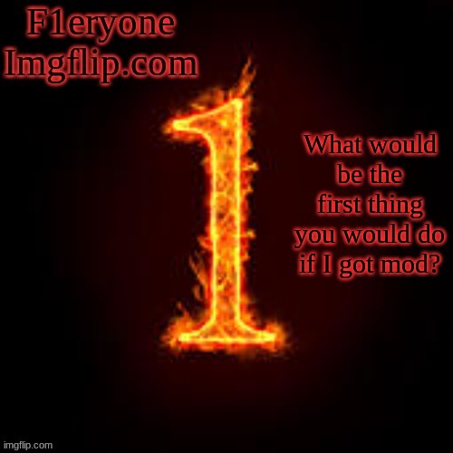 F1eryone Imgflip | What would be the first thing you would do if I got mod? | image tagged in f1eryone imgflip | made w/ Imgflip meme maker