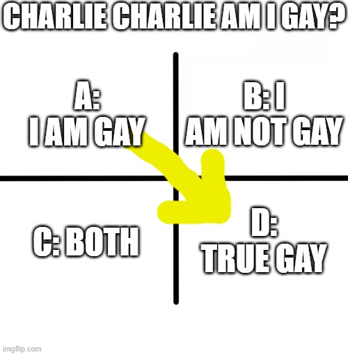 Blank Starter Pack Meme | CHARLIE CHARLIE AM I GAY? B: I AM NOT GAY; A: I AM GAY; C: BOTH; D: TRUE GAY | image tagged in memes,blank starter pack | made w/ Imgflip meme maker