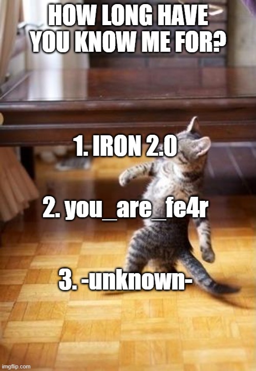 If you say 1 you are an OG friend or fan |  HOW LONG HAVE YOU KNOW ME FOR? 1. IRON 2.0; 2. you_are_fe4r; 3. -unknown- | image tagged in memes,cool cat stroll | made w/ Imgflip meme maker