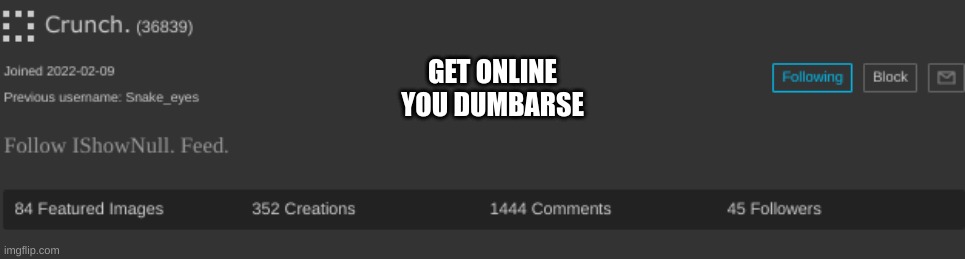 GET ONLINE
YOU DUMBARSE | made w/ Imgflip meme maker