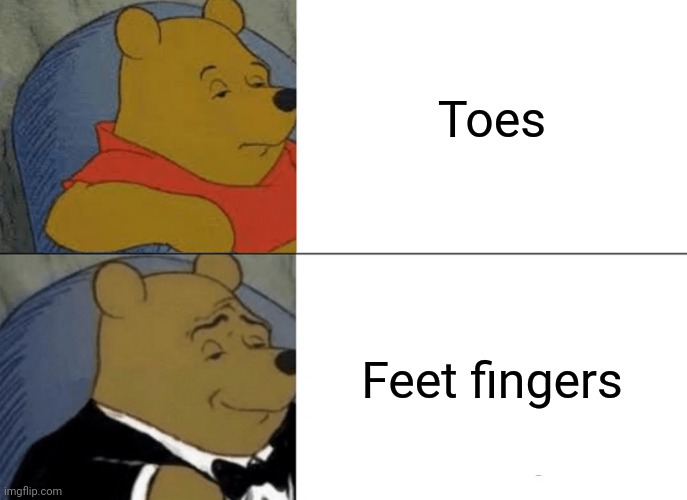 Toes | Toes; Feet fingers | image tagged in memes,tuxedo winnie the pooh,toes,shower thoughts,meme,dank memes | made w/ Imgflip meme maker