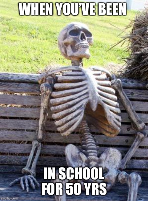 Waiting Skeleton | WHEN YOU’VE BEEN; IN SCHOOL FOR 50 YRS | image tagged in memes,waiting skeleton,school,funny,idk | made w/ Imgflip meme maker
