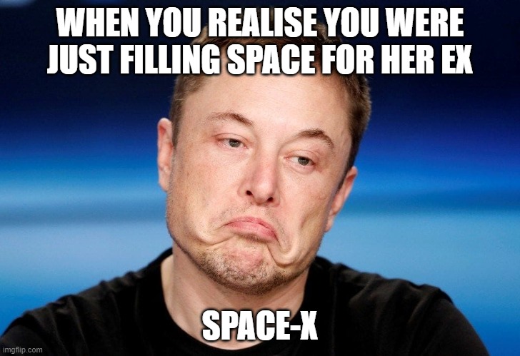 Elon Musk Space-Ex | WHEN YOU REALISE YOU WERE JUST FILLING SPACE FOR HER EX; SPACE-X | image tagged in sad elon,spacex,elon musk,amber heard,johnny depp | made w/ Imgflip meme maker