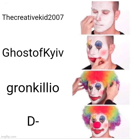 OP senpai please dont ban me~ | Thecreativekid2007; GhostofKyiv; gronkillio; D- | image tagged in memes,clown applying makeup | made w/ Imgflip meme maker