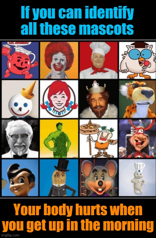 Junk food junkies | If you can identify all these mascots; Your body hurts when you get up in the morning | image tagged in junk food,fast food,mascots,icons,why my body hurts | made w/ Imgflip meme maker