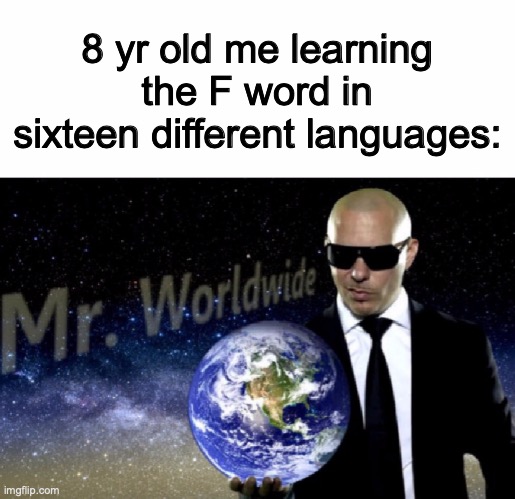 literally everyone at some point |  8 yr old me learning the F word in sixteen different languages: | image tagged in mr worldwide,spanish | made w/ Imgflip meme maker