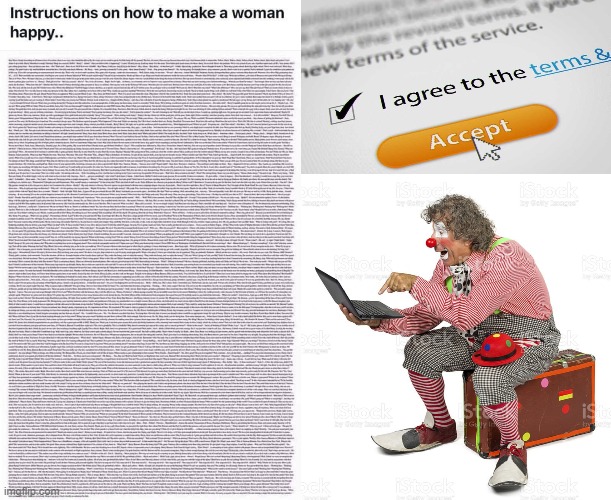 Terms And Instructions | image tagged in terms and conditions,clown computer,funny,relationships,women | made w/ Imgflip meme maker
