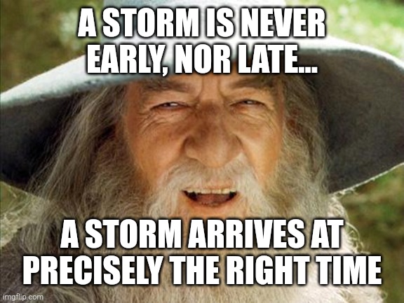A Wizard Is Never Late | A STORM IS NEVER EARLY, NOR LATE... A STORM ARRIVES AT PRECISELY THE RIGHT TIME | image tagged in a wizard is never late | made w/ Imgflip meme maker