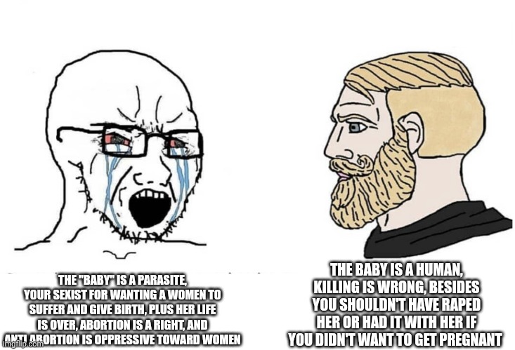 Soyboy Vs Yes Chad | THE "BABY" IS A PARASITE, YOUR SEXIST FOR WANTING A WOMEN TO SUFFER AND GIVE BIRTH, PLUS HER LIFE IS OVER, ABORTION IS A RIGHT, AND ANTI ABO | image tagged in soyboy vs yes chad | made w/ Imgflip meme maker