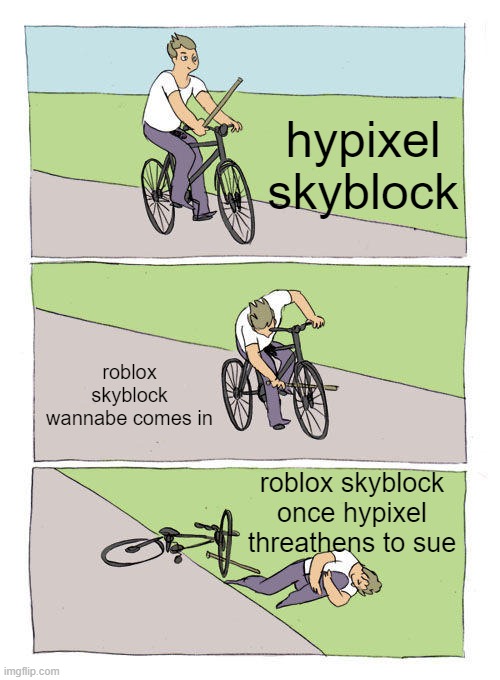 skyblock = islands????? | hypixel skyblock; roblox skyblock wannabe comes in; roblox skyblock once hypixel threathens to sue | image tagged in memes,bike fall | made w/ Imgflip meme maker