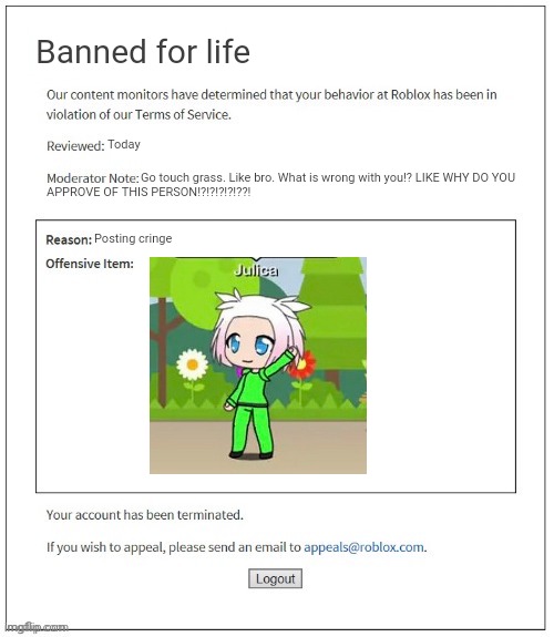 POV: You are someone that approves of Julicamcyt | Banned for life; Today; Go touch grass. Like bro. What is wrong with you!? LIKE WHY DO YOU; APPROVE OF THIS PERSON!?!?!?!?!??! Posting cringe | image tagged in moderation system,julicamcyt,go touch grass,julica,roblox | made w/ Imgflip meme maker