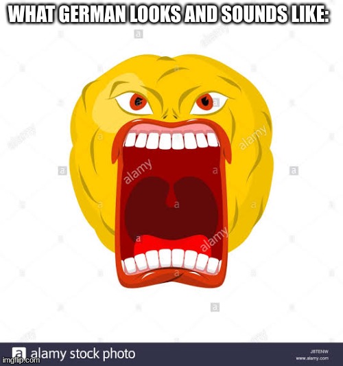 What German sounds like and looks like | WHAT GERMAN LOOKS AND SOUNDS LIKE: | image tagged in angry screaming emoji | made w/ Imgflip meme maker