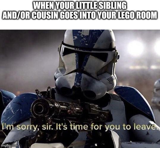It's time for you to leave |  WHEN YOUR LITTLE SIBLING AND/OR COUSIN GOES INTO YOUR LEGO ROOM | image tagged in it's time for you to leave | made w/ Imgflip meme maker