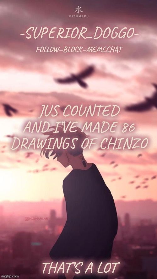 Doggos uh idk what anime announcement temp | JUS COUNTED AND I’VE MADE 86 DRAWINGS OF CHINZO; THAT’S A LOT | image tagged in doggos uh idk what anime announcement temp | made w/ Imgflip meme maker
