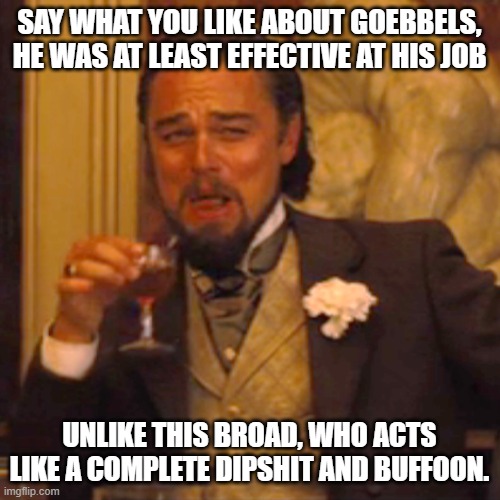 Laughing Leo Meme | SAY WHAT YOU LIKE ABOUT GOEBBELS, HE WAS AT LEAST EFFECTIVE AT HIS JOB UNLIKE THIS BROAD, WHO ACTS LIKE A COMPLETE DIPSHIT AND BUFFOON. | image tagged in memes,laughing leo | made w/ Imgflip meme maker