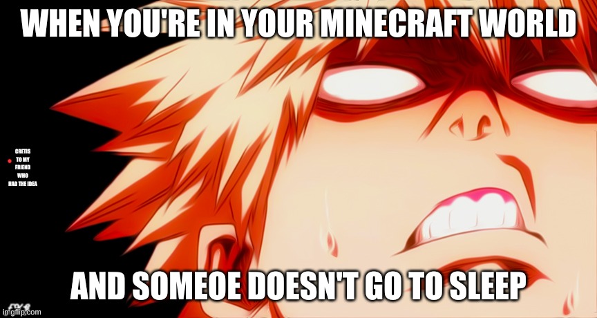 when----- | WHEN YOU'RE IN YOUR MINECRAFT WORLD; CRETIS TO MY FRIEND WHO HAD THE IDEA; AND SOMEOE DOESN'T GO TO SLEEP | image tagged in when----- | made w/ Imgflip meme maker
