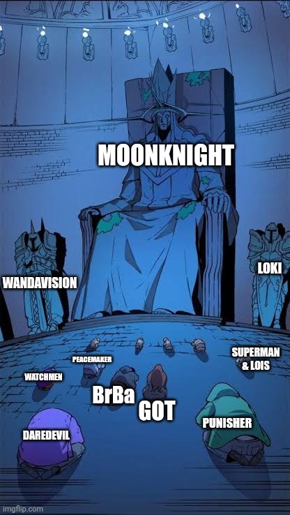 Statue of god | MOONKNIGHT; LOKI; WANDAVISION; PEACEMAKER; SUPERMAN & LOIS; WATCHMEN; BrBa; GOT; PUNISHER; DAREDEVIL | image tagged in statue of god | made w/ Imgflip meme maker