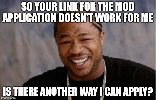 A lil help plz? | SO YOUR LINK FOR THE MOD APPLICATION DOESN'T WORK FOR ME; IS THERE ANOTHER WAY I CAN APPLY? | image tagged in memes,yo dawg heard you | made w/ Imgflip meme maker