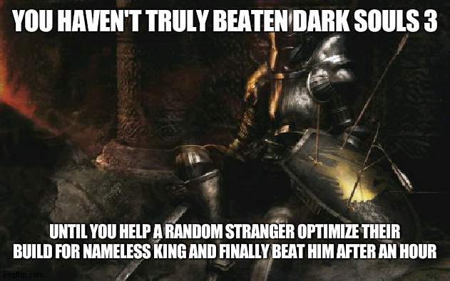 the person I helped was very polite to me too | YOU HAVEN'T TRULY BEATEN DARK SOULS 3; UNTIL YOU HELP A RANDOM STRANGER OPTIMIZE THEIR BUILD FOR NAMELESS KING AND FINALLY BEAT HIM AFTER AN HOUR | made w/ Imgflip meme maker