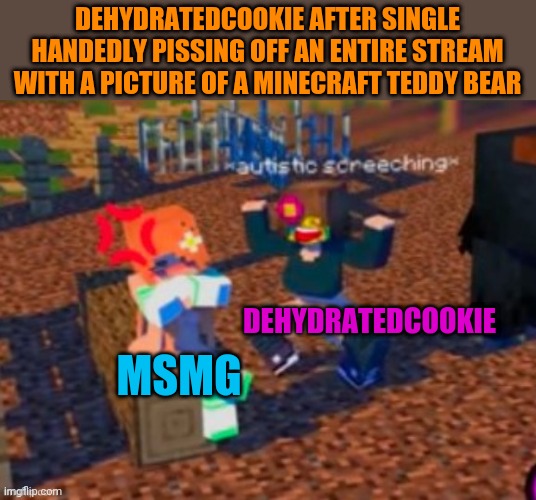 im done, | DEHYDRATEDCOOKIE AFTER SINGLE HANDEDLY PISSING OFF AN ENTIRE STREAM WITH A PICTURE OF A MINECRAFT TEDDY BEAR; DEHYDRATEDCOOKIE; MSMG | image tagged in autistic screeching | made w/ Imgflip meme maker