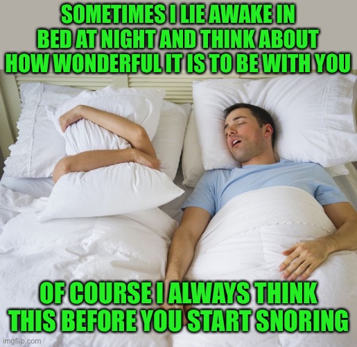 Snoring | SOMETIMES I LIE AWAKE IN BED AT NIGHT AND THINK ABOUT HOW WONDERFUL IT IS TO BE WITH YOU; OF COURSE I ALWAYS THINK THIS BEFORE YOU START SNORING | image tagged in snoring,funny,memes,funny memes,marriage | made w/ Imgflip meme maker