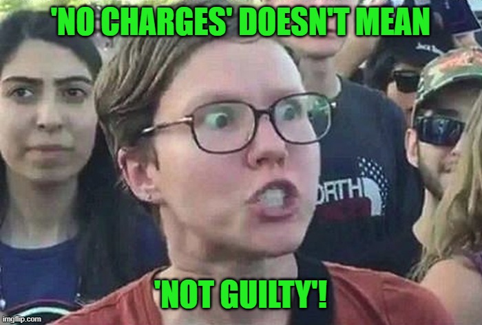 Triggered Liberal | 'NO CHARGES' DOESN'T MEAN 'NOT GUILTY'! | image tagged in triggered liberal | made w/ Imgflip meme maker